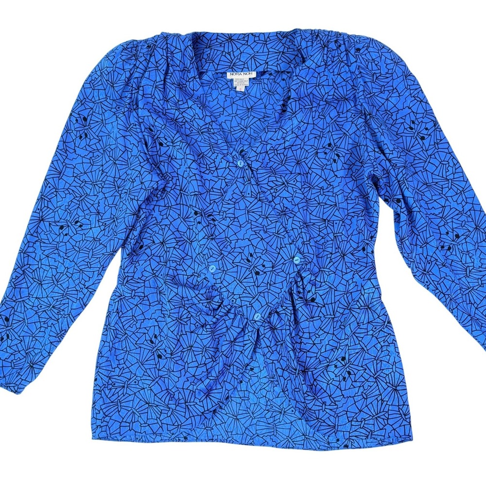 Nora Noh Vintage 90s Silk Blouse Blue Black Butterfly Geometric Print Top Size 6